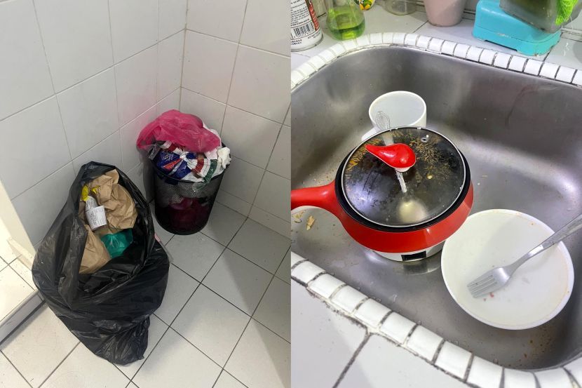 Sampah dibiarkan penuh dan berplastik manakala sinki berminyak.