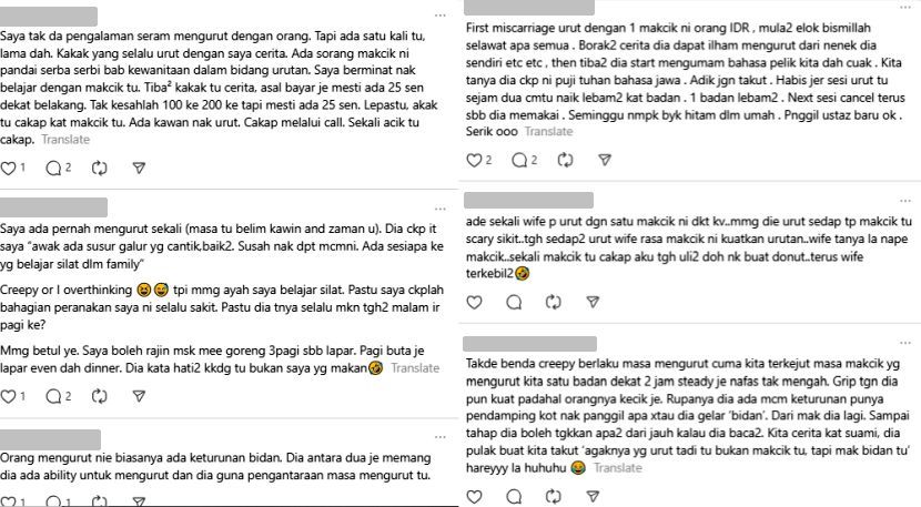 Warga maya turut berkongsi pengalaman mengurut masing-masing.