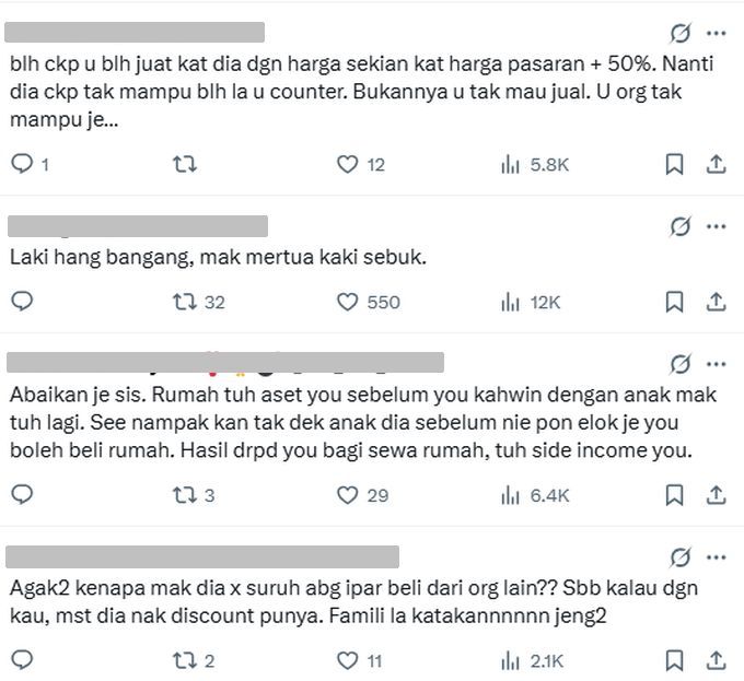 Kebanyakan warga maya memintanya pertahankan rumah atau menjualnya mengikut harga pasaran semasa.