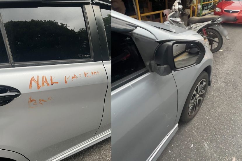 Keadaan kereta yang dirosakkan kerana berebut parkir.