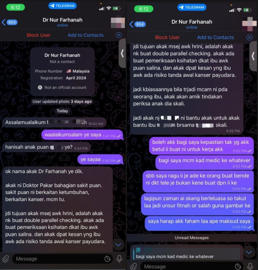 Tangkap layar perbualannya dengan individu terbabit.
