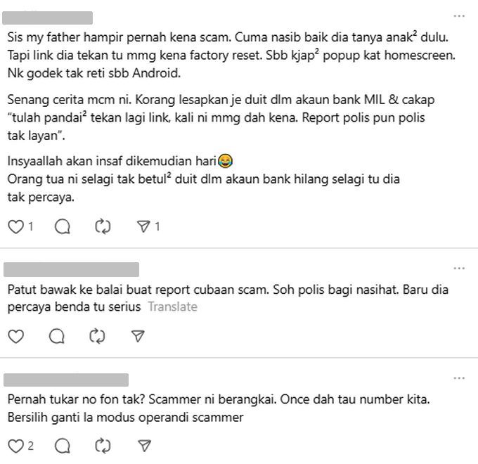 Netizen turut berkongsi pengalaman hampir ditipu seperti ibu mentua pelayar ini.