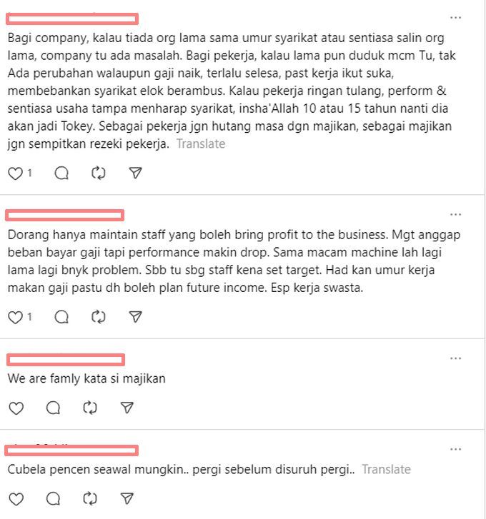 Antara reaksi warga maya berhubung pemberhentian pekerja veteran berkenaan.