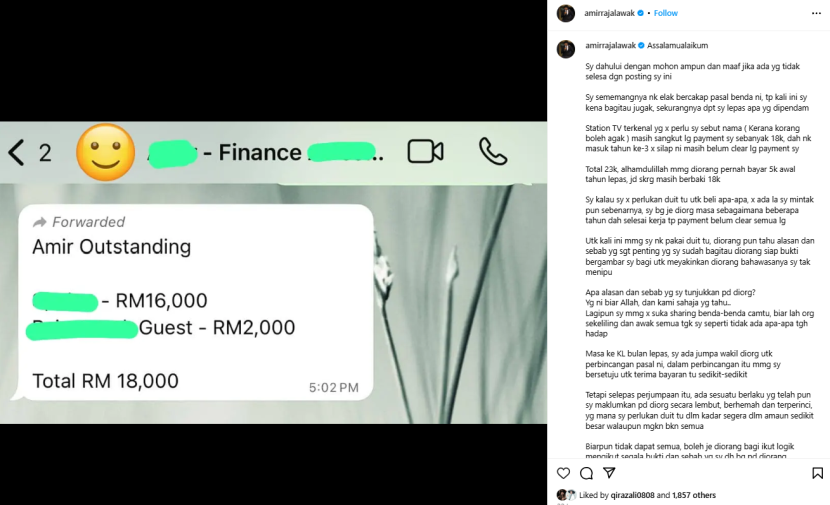 Perkongsian Amir sebelum ini yang dimuat naik di Instagram miliknya.
