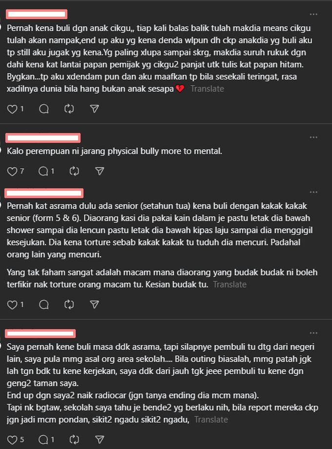 Ramai yang berkongsi pengalaman dibuli semasa berada di zaman persekolahan.