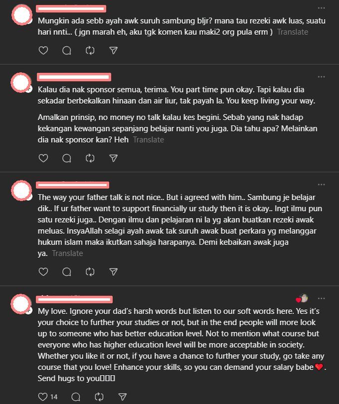 Netizen memberikan pandangan masing-masing berhubung keputusan ayahnya untuk sambung belajar.