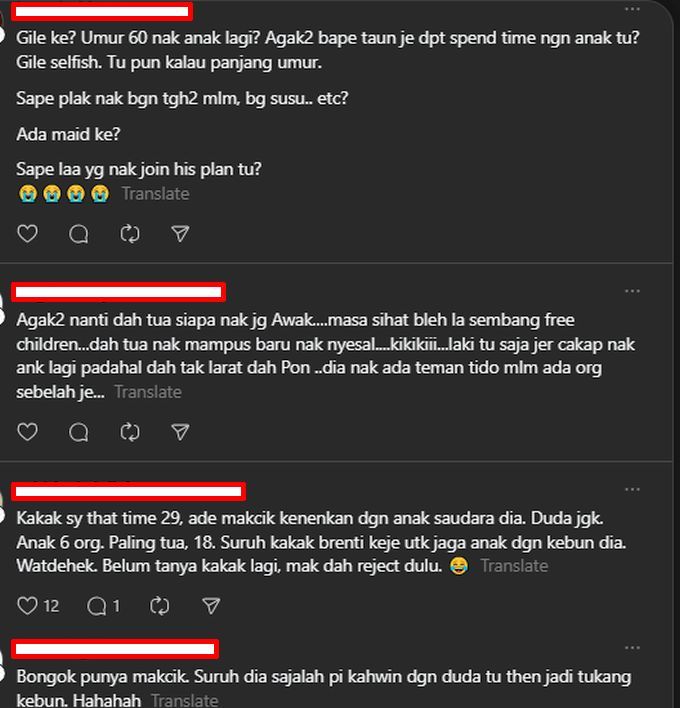 Warga maya turut mempersoalkan kewajaran guru pencen itu yang ingin menambah anak di usia 60 tahun.