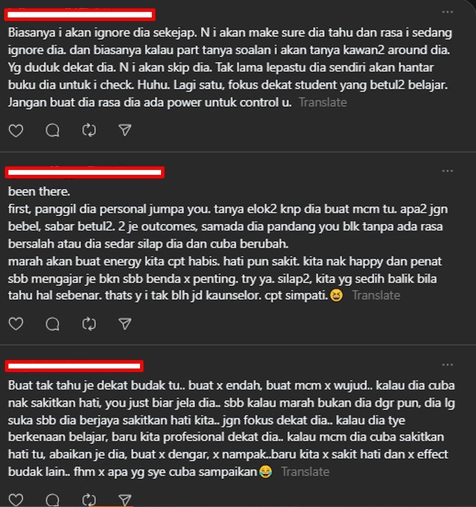 Antara guru yang memberi nasihan dan pandangan di hantarannya.