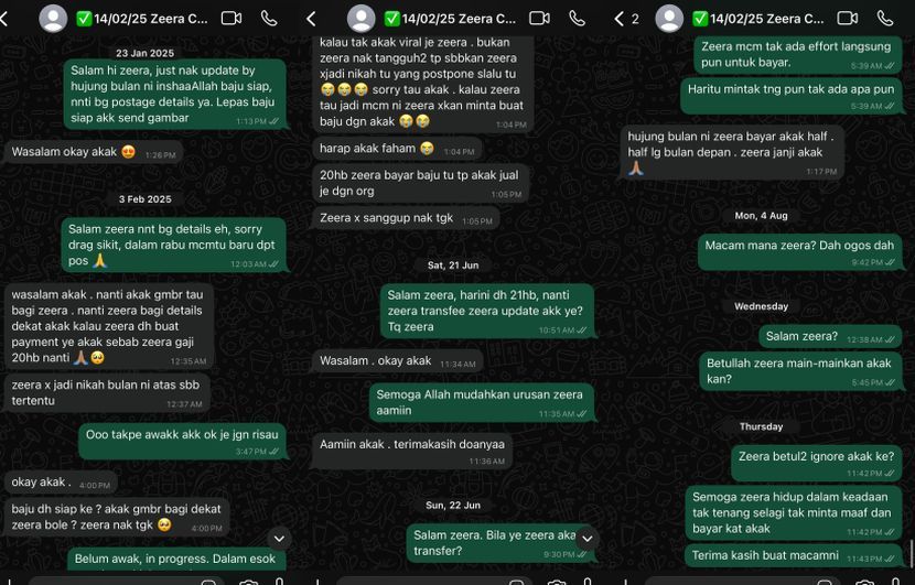 Antara mesej perbualannya dengan pelanggan terbabit.