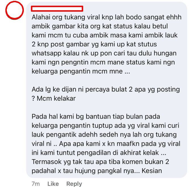 Komen balas individu yang didakwa membungkus lauk kenduri kakaknya.