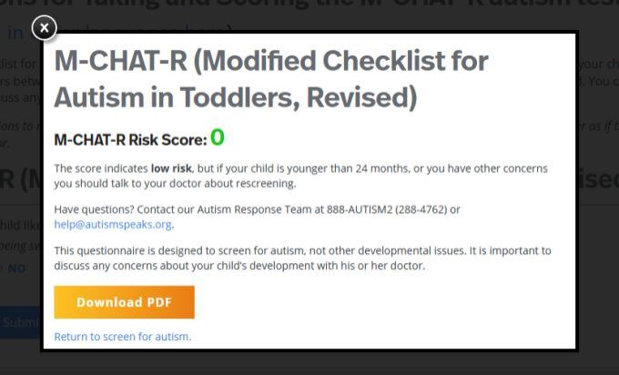 Keputusan skor akan diberikan selepas ibu bapa menjawab kesemua ujian yang diberikan.