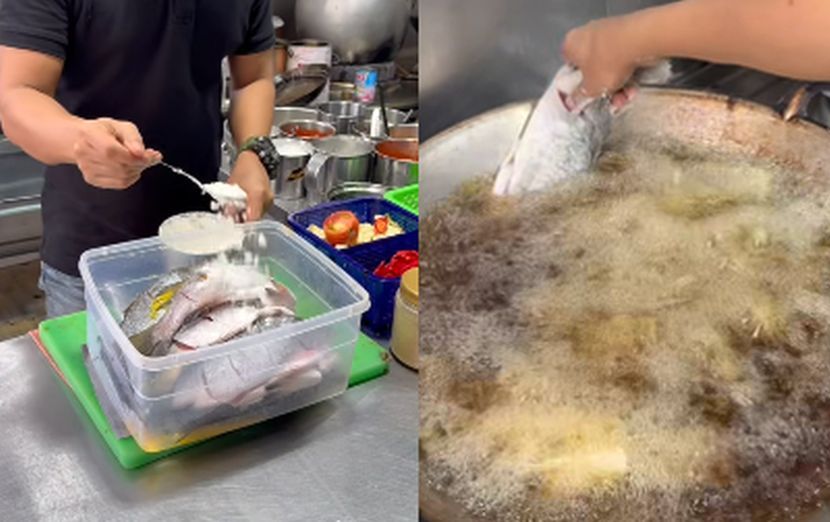 Ikan perlu disaluti dengan tepung dan telur terlebih dahulu.