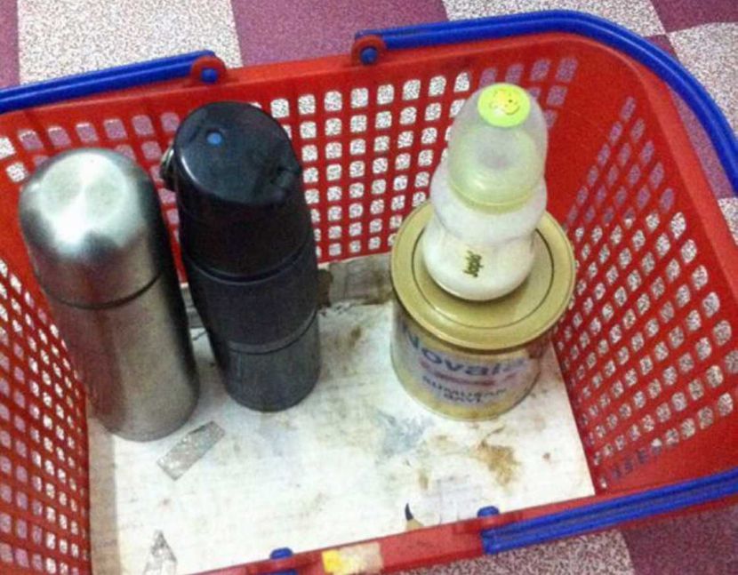A picture of the basket which the abandoned baby was placed in. Police also found two flasks, a milk bottle and a note believed to be from the baby's mother inside.