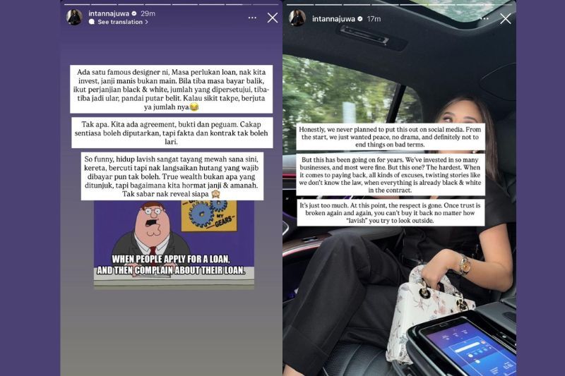 Perkongsian Intan yang dimuat naik di Instastory miliknya.