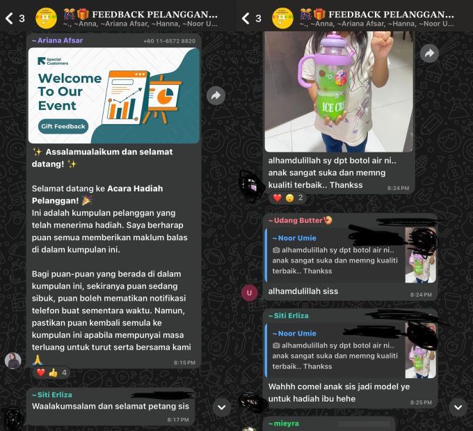 Grup yang disertai untuk memberi maklum balas mengenai hadiah yang diterima.