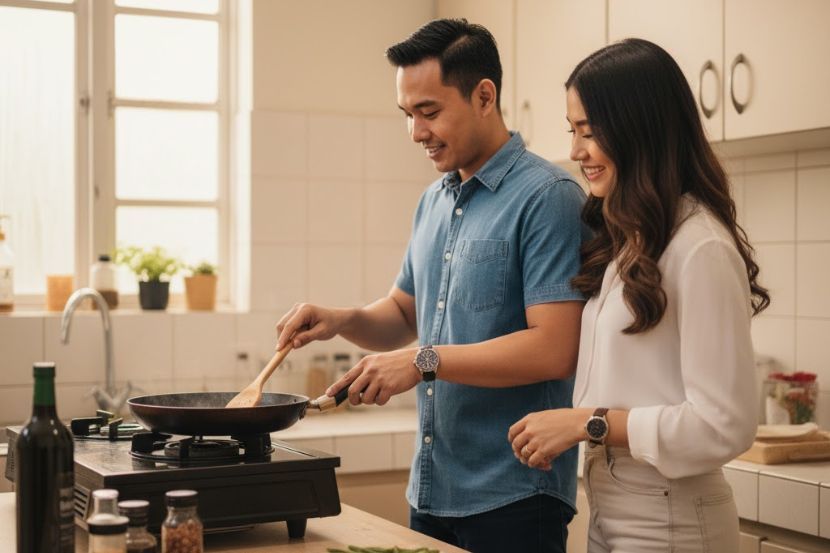 Suami yang rajin membantu isteri di dapur idaman setiap wanita. -Gambar hiasan AI