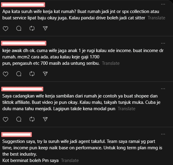 Ramai mencadangkan isteri pengadu melakukan pekerjaan dari rumah.