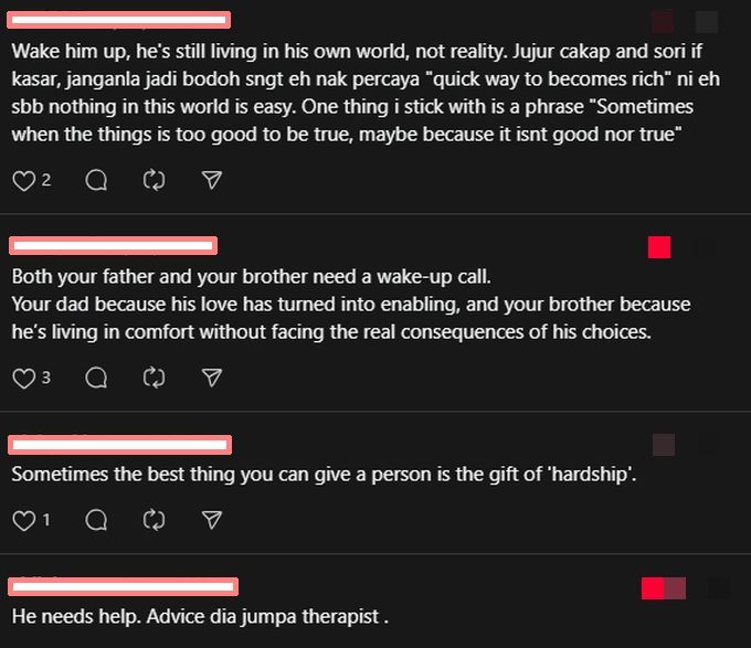 Netizen memberi cadangan dan nasihat bagi membantu abangnya.
