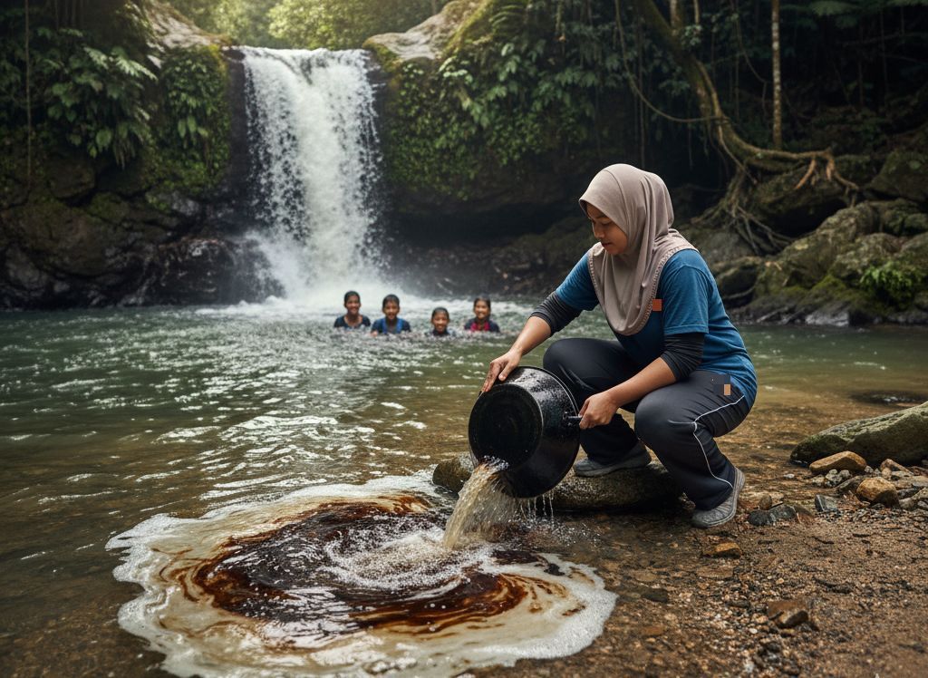 Sikap tak bertanggungjawab segelintir pengunjung air terjun boleh merosakkan alam sekitar. -Gambar hiasan AI