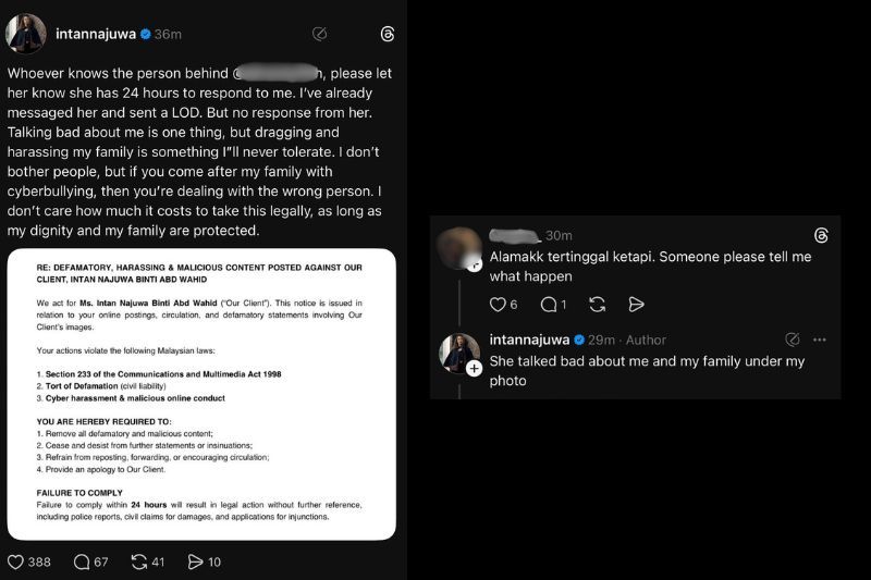 Perkongsian Intan di Threads miliknya. 