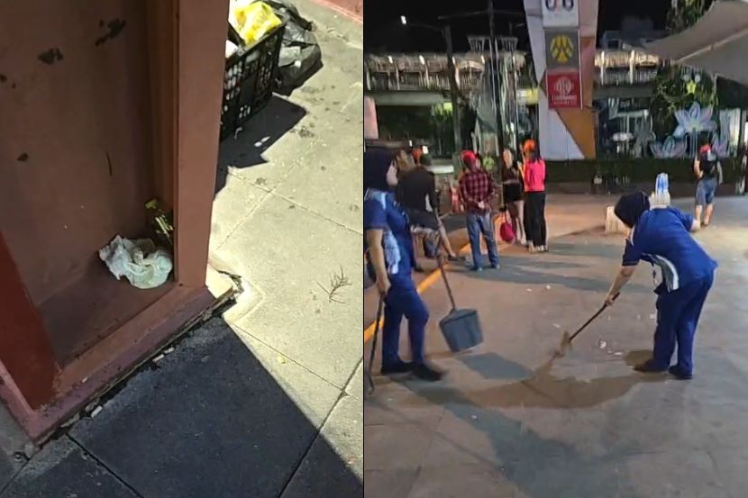 Pekerja kebersihan terpaksa membersihkan sampah yang ditinggalkan rakyat Malaysia. -Gambar media sosial