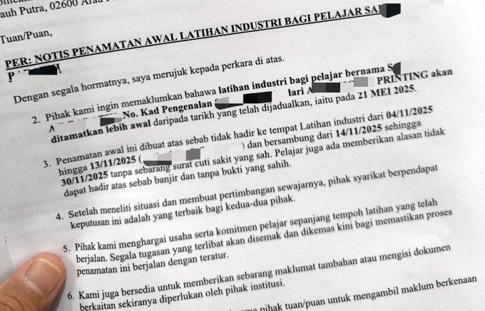 Surat penamatan awal yang diberikannya kepada pelajar praktikal terbabit.