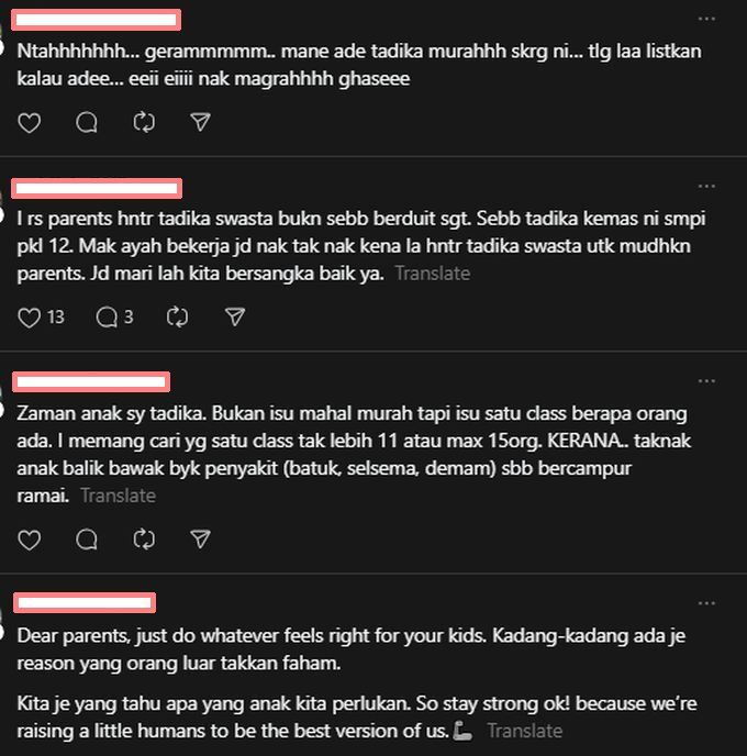 Kebanyakan netizen menjelaskan punca menghantar anak ke tadika swasta.