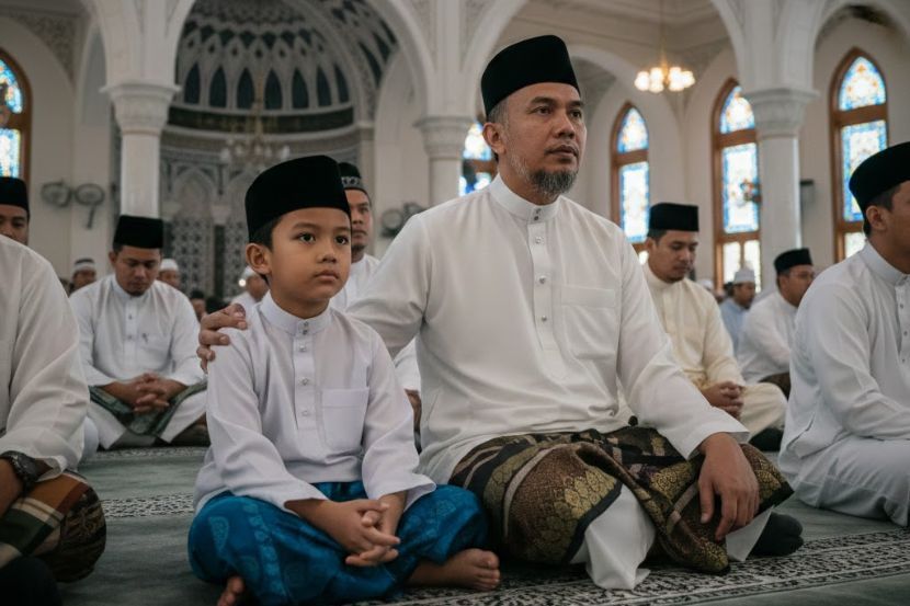 Kanak-kanak lelaki digalakkan mengikut bapa ke masjid untuk berjemaah. -Gambar hiasan AI