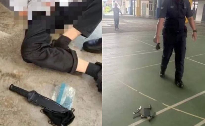 Suspek ditahan bersama dua senjata tajam.