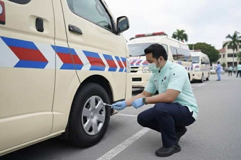 Tyron bukanlah sejenis tayar, sebaliknya ia merupakan gelung keluli yang dipasang di dalam rim tayar. -Gambar Facebook Penolong Pegawai Perubatan