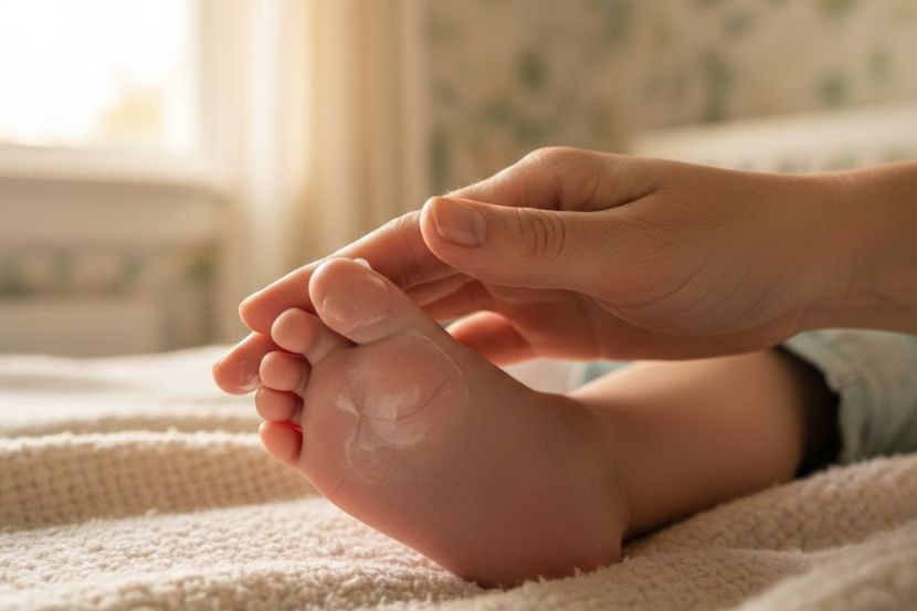 Gaulkan bawang yang ditumbuk dengan minyak telon dan sapukan pada tapak kaki bayi. -Gambar hiasan AI