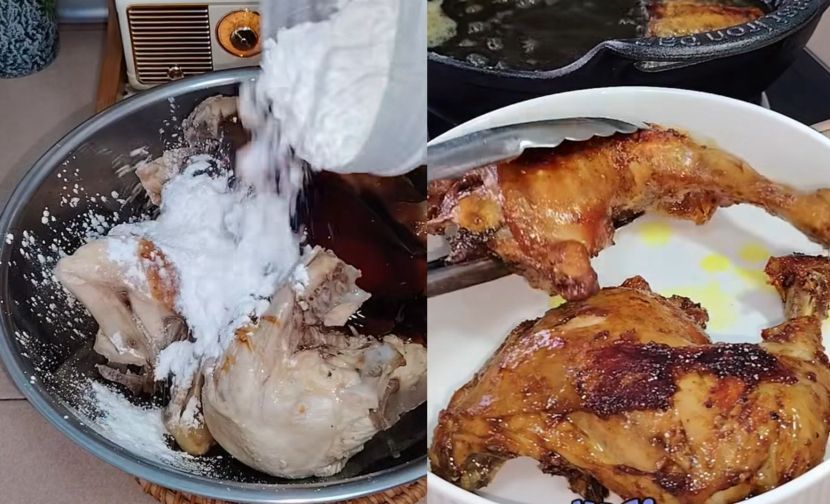 Ayam diperap selama 30 minit sebelum digoreng.