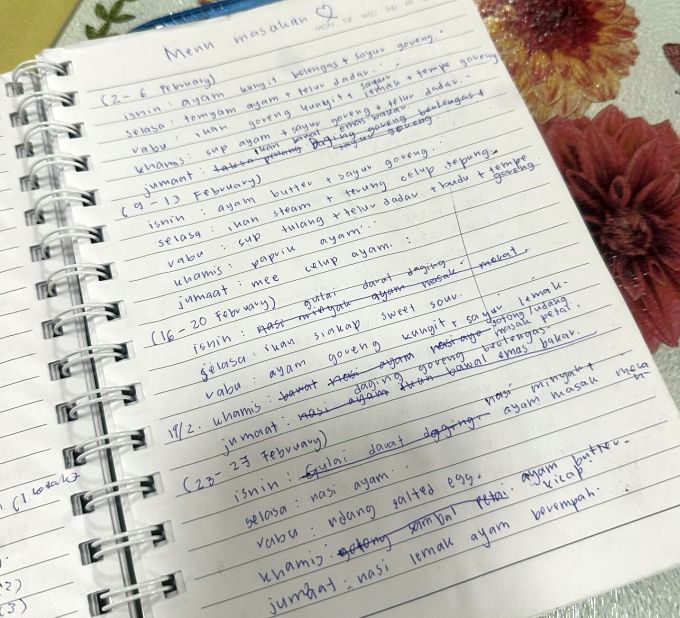 Menu hidangan yang dirancang sepanjang tempoh sebulan. -Foto Thread Solehah Shafiri