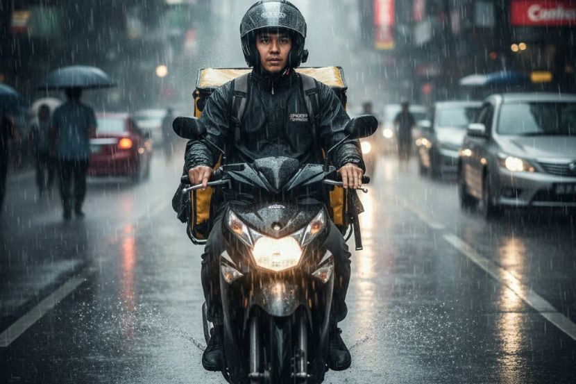 Hujan antara sebahagian cabaran yang perlu dihadapi pekerja kurier dalam menghantar pesanan pelanggan. -Gambar hiasan AI