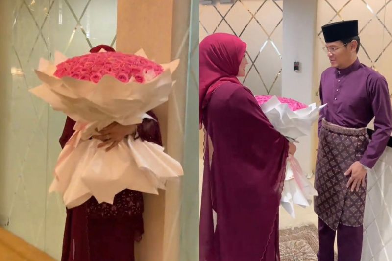 Fazura (kiri) menerima jambangan mawar merah jambu.