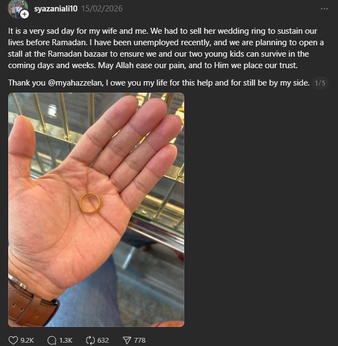 Hantaran mengenai cincin kahwin isterinya yang digadai selepas diberhentikan kerja.