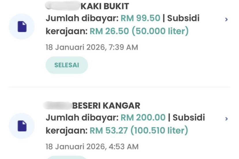 Tangkap layar pengunaan kuota BUDI95 yang didakwa disalah guna di dua stesen minyak di Perlis. -Gambar media sosial