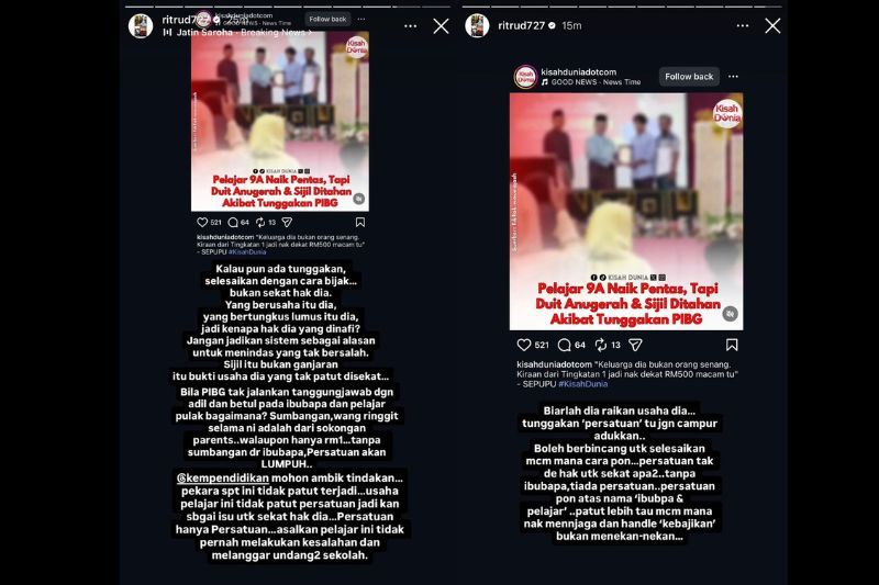 Perkongsian Rita di Instastory miliknya.