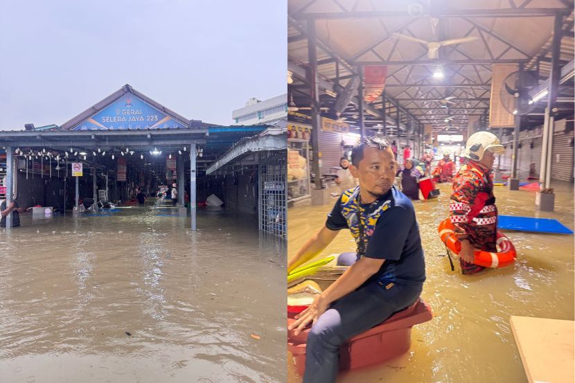 Sebuah medan selera di Petaling Jaya, Selangor turut terjejas akibat banjir kilat. -Foto Jabatan Bomba dan Penyelamat Selangor