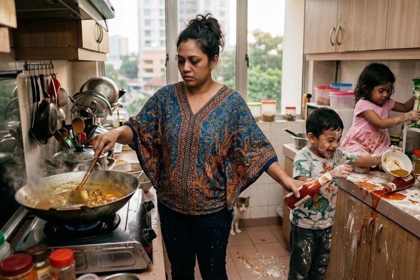 Anak-anak aktif menyebabkan para ibu kepenatan untuk mengurus rumah. -Gambar hiasan AI