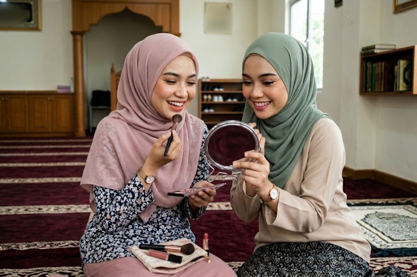 Wanita akan memakai mekap semula selepas selesai beribadat. -Gambar hiasan AI