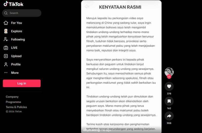 Kenyataan rasminya disiarkan menerusi akaun TikTok personal miliknya.