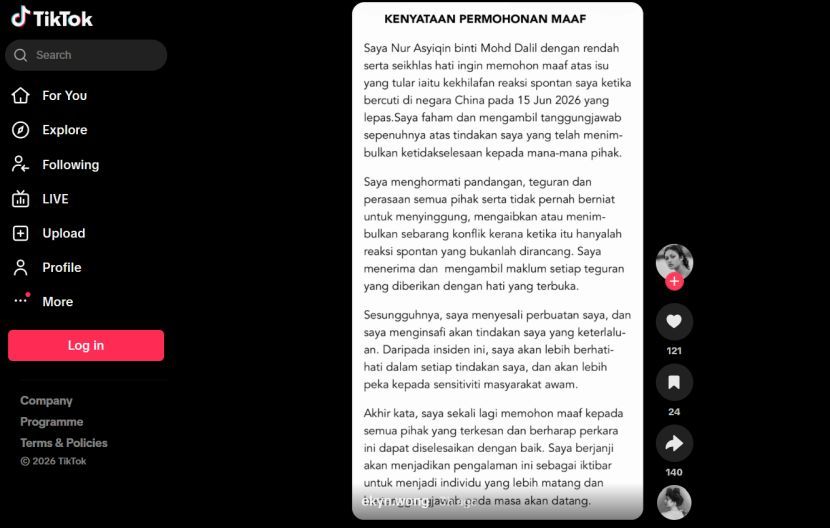Permohonan maaf yang diterbitkan di laman TikTok peribadinya.