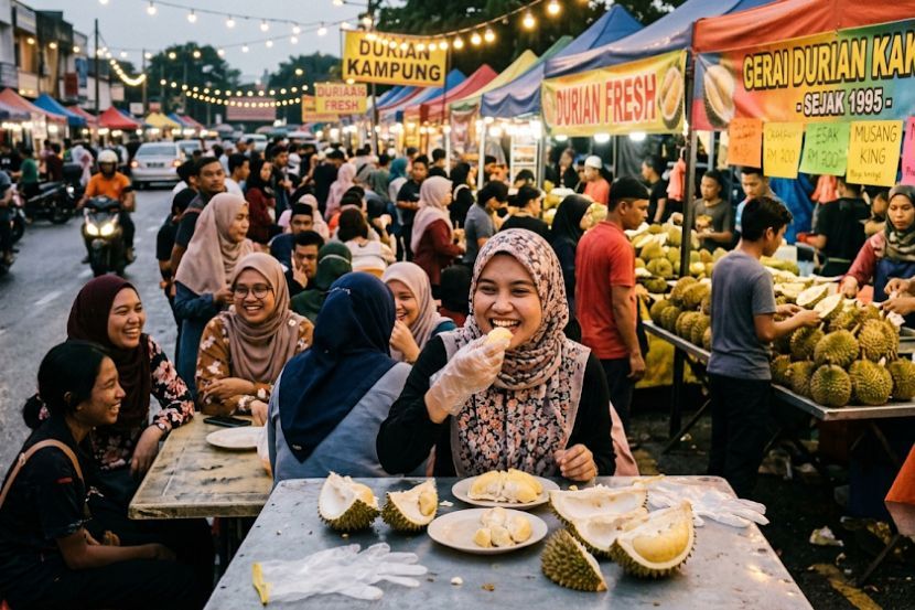 Orang ramai tidak melepaskan peluang menikmati durian selepas harga yang ditawarkan murah. -Gambar hiasan AI