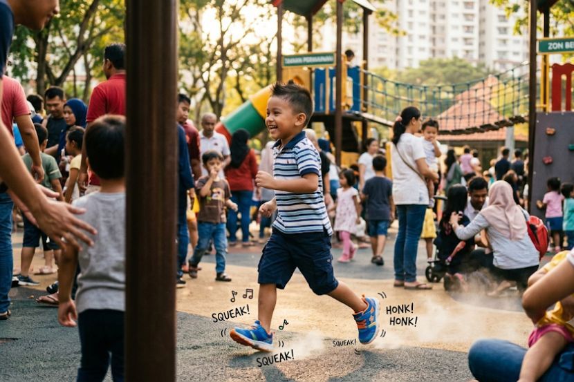 Kasut mengeluarkan bunyi sesuai dipakai ditempat awam seperti taman permaian. -Gambar hiasan AI