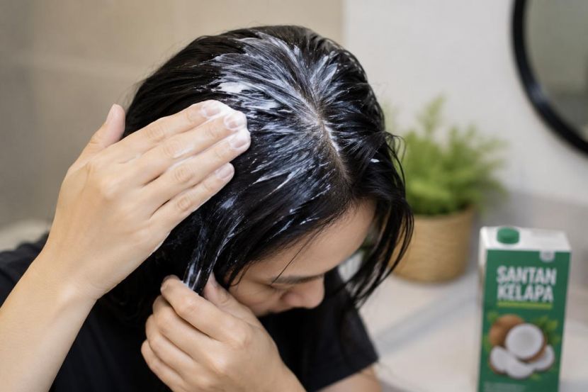 Santan kotak dilumur pada seluruh rambut dengan sekata. -Gambar hiasan AI