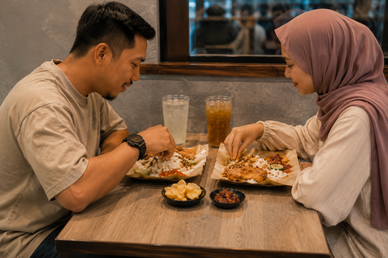 Tidak semua pasangan memesan seorang satu hidangan, sebaliknya ada yang lebih selesa berkongsi satu set makanan.