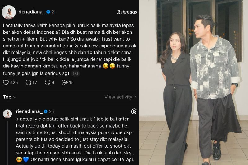 Perkongsian Riena yang dimuat naik di Threads miliknya. 