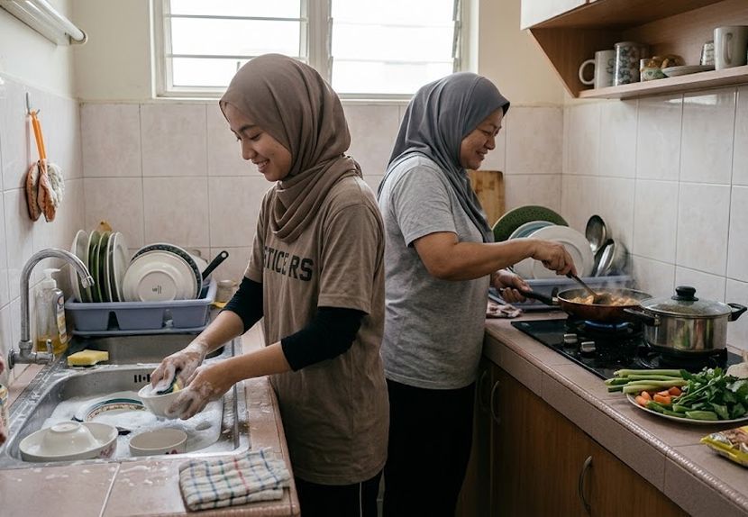 Bantuan anak-anak dapat meringankan beban tugasan rumah seorang ibu. -Gambar hiasan AI