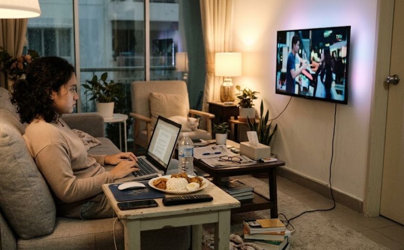 Segelintir individu gemar melakukan kerja di ruang tamu sambil menonton televisyen. -Gambar hiasan AI